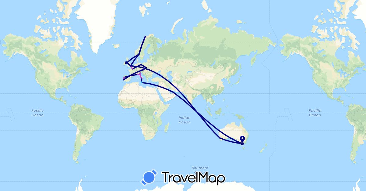 TravelMap itinerary: driving, train, boat in United Arab Emirates, Austria, Australia, Germany, France, United Kingdom, Ireland, Italy, Malta, Norway, Poland, Portugal (Asia, Europe, Oceania)